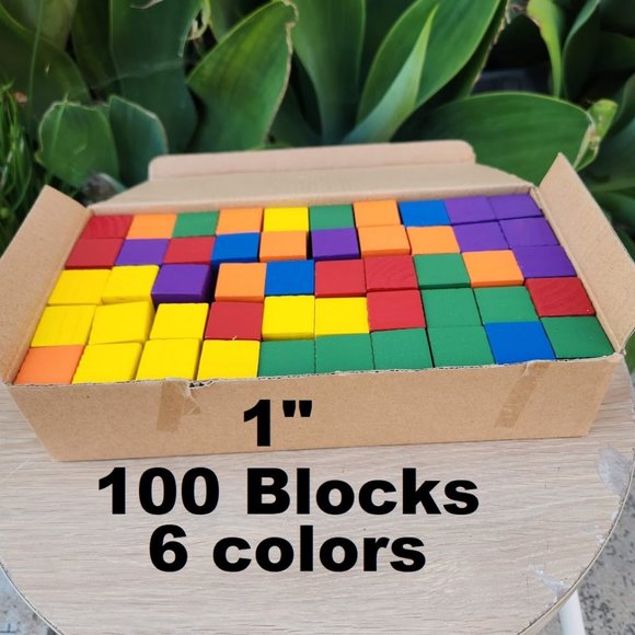 NEW 100 wood color Blocks 1" 6 colors math manipulatives cubes sorting patterns - Picture 1 of 3
